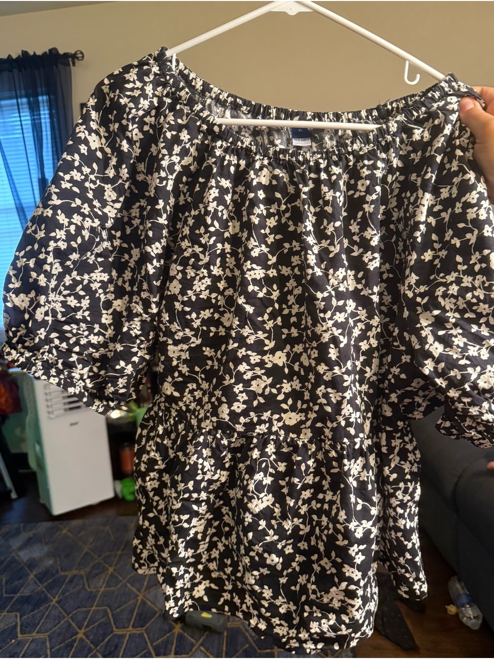 Old Navy Black and White Floral Off-Shoulder Tunic